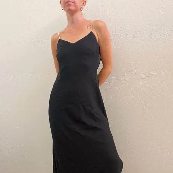 Vintage 1990s Black Chiffon Rhinestone Strap Low Back Midi Dress - Picture 4 of 7